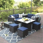Ensemble de canapés modulaires de conversation de patio extérieur 10 pièces avec table, tabourets et pouf