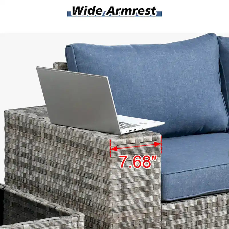 HOOOWOOO Set Sezionale Modulare da Esterno in Vimini a 9 Pezzi con Bracciolo Largo, Set con Braciere