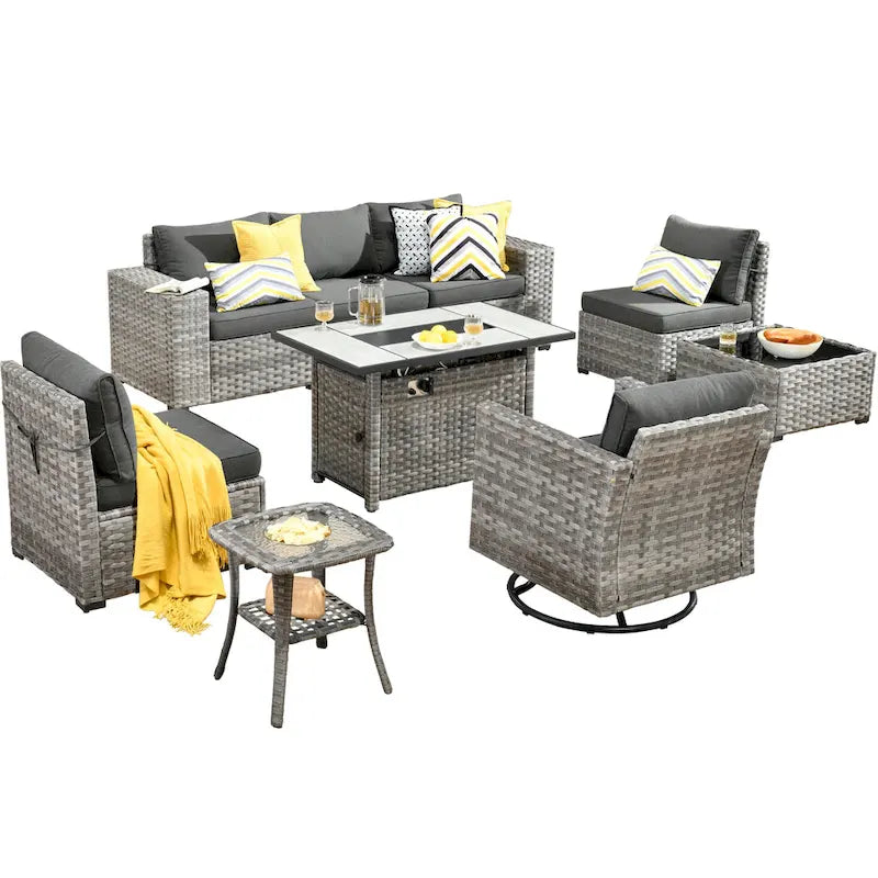 HOOOWOOO Set Sezionale Modulare da Esterno in Vimini a 9 Pezzi con Bracciolo Largo, Set con Braciere