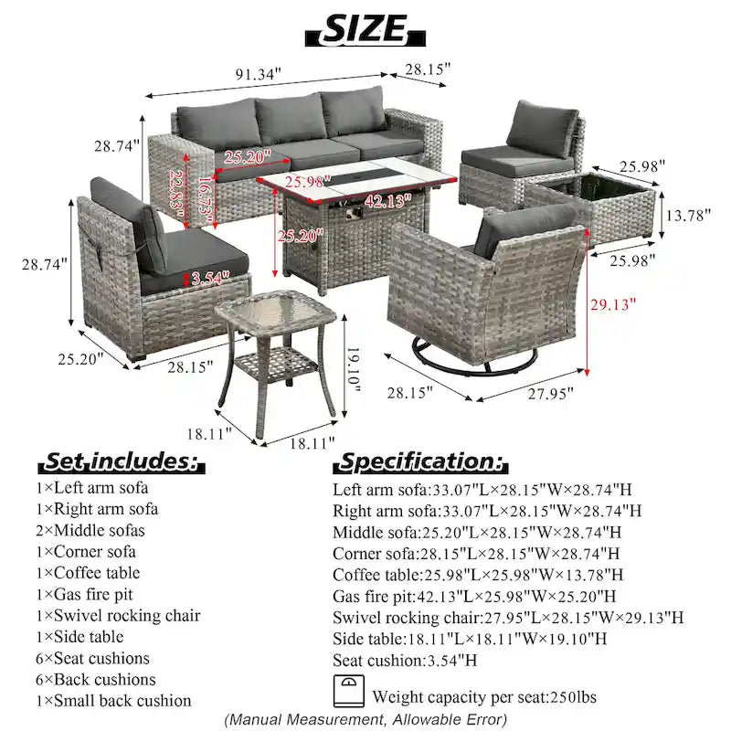 HOOOWOOO Set Sezionale Modulare da Esterno in Vimini a 9 Pezzi con Bracciolo Largo, Set con Braciere