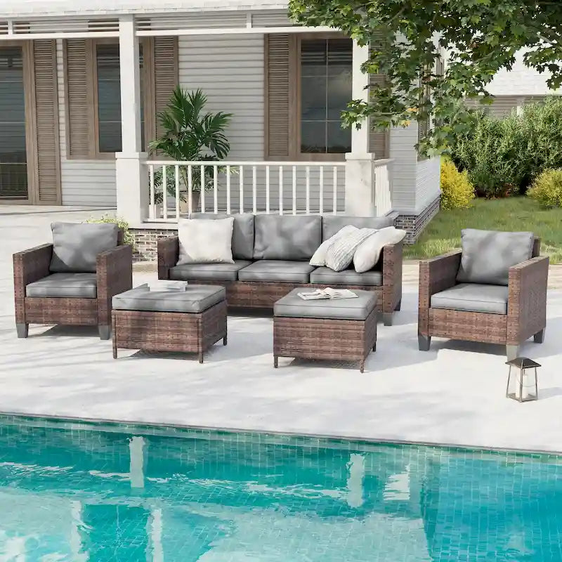 BONOSUKI Ensemble de canapés de patio 5 pièces en rotin marron pour extérieur