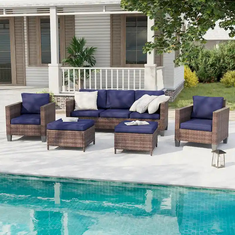 BONOSUKI Ensemble de canapés de patio 5 pièces en rotin marron pour extérieur
