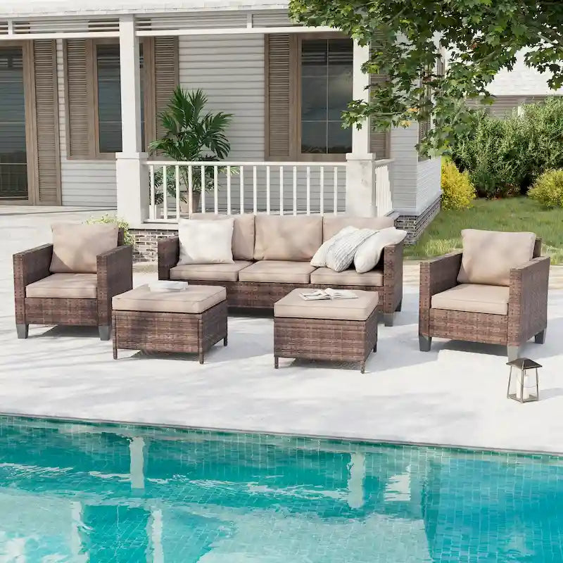 BONOSUKI Ensemble de canapés de patio 5 pièces en rotin marron pour extérieur