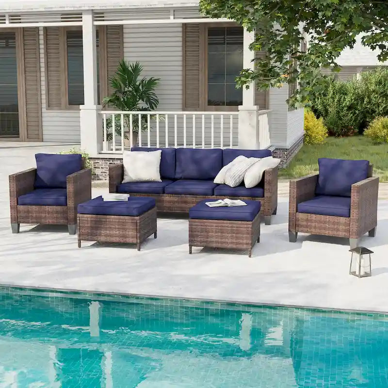 BONOSUKI Ensemble de canapés de patio 5 pièces en rotin marron pour extérieur