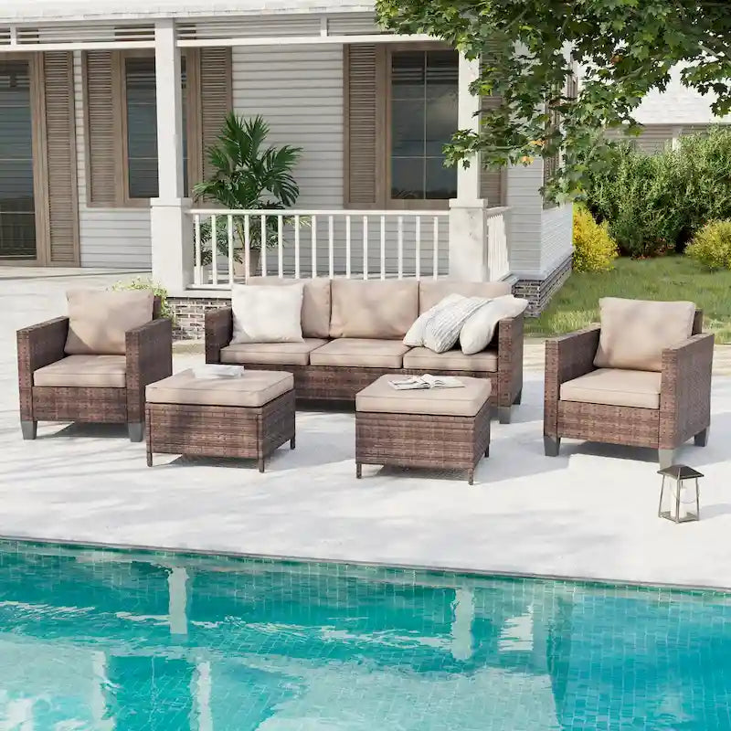 BONOSUKI Ensemble de canapés de patio 5 pièces en rotin marron pour extérieur
