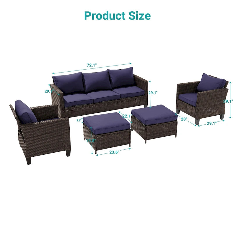 BONOSUKI Ensemble de canapés de patio 5 pièces en rotin marron pour extérieur