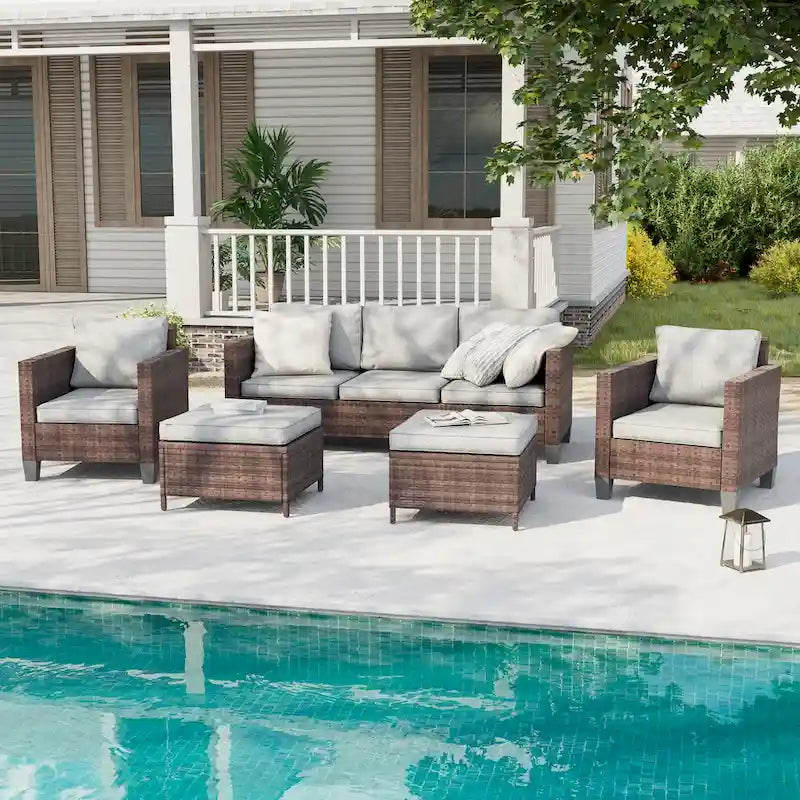 BONOSUKI Ensemble de canapés de patio 5 pièces en rotin marron pour extérieur