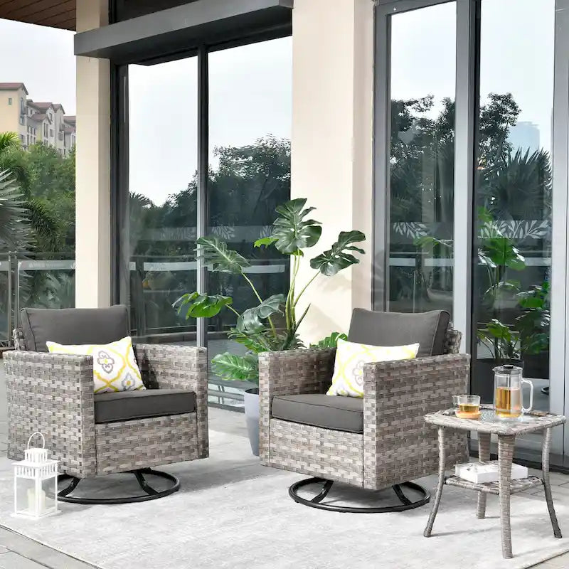 Set da 3 pezzi con sedia a dondolo girevole in vimini e tavolino OVIOS Patio