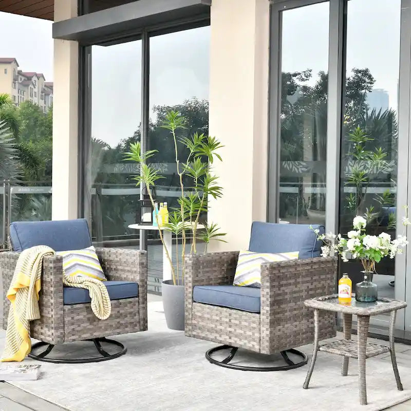 Set da 3 pezzi con sedia a dondolo girevole in vimini e tavolino OVIOS Patio