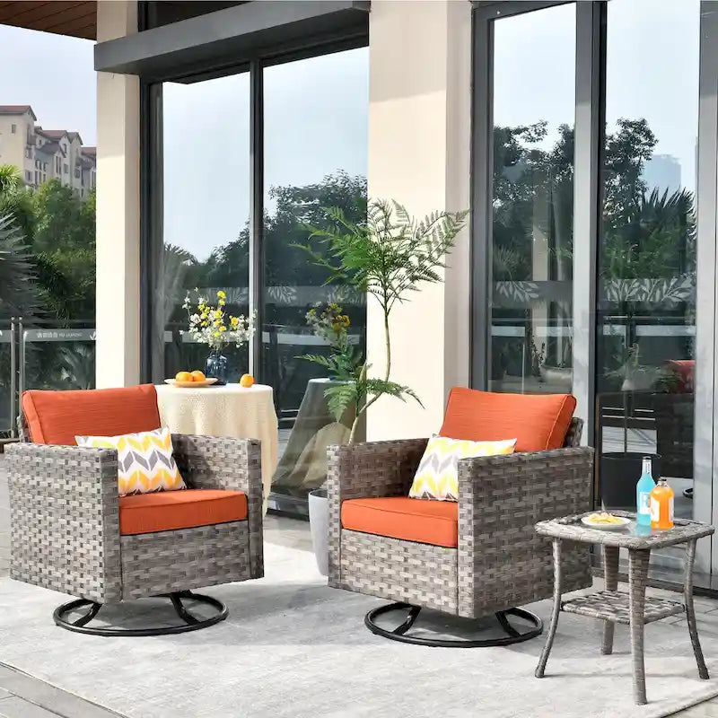 Set da 3 pezzi con sedia a dondolo girevole in vimini e tavolino OVIOS Patio