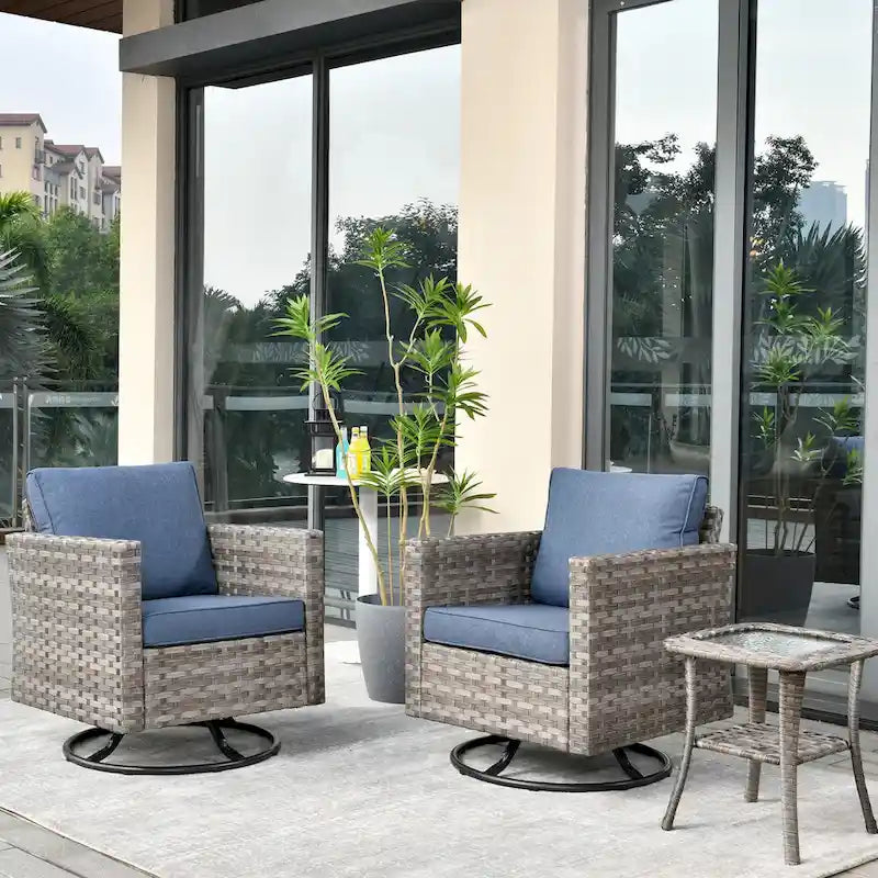 Set da 3 pezzi con sedia a dondolo girevole in vimini e tavolino OVIOS Patio