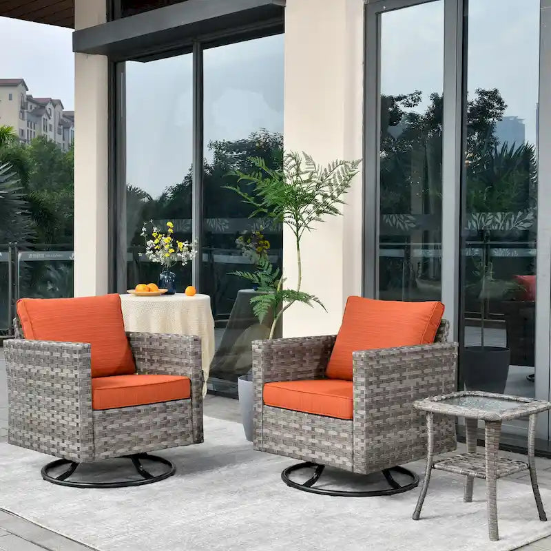 Set da 3 pezzi con sedia a dondolo girevole in vimini e tavolino OVIOS Patio