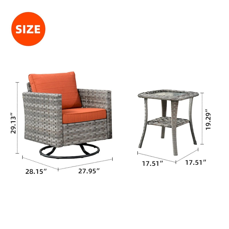 Set da 3 pezzi con sedia a dondolo girevole in vimini e tavolino OVIOS Patio