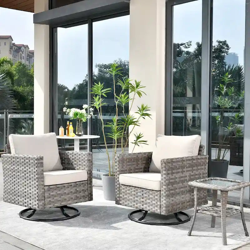 Set da 3 pezzi con sedia a dondolo girevole in vimini e tavolino OVIOS Patio