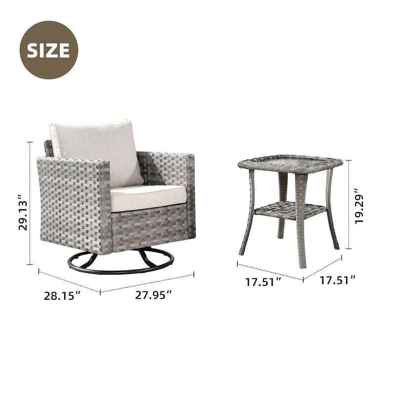 Set da 3 pezzi con sedia a dondolo girevole in vimini e tavolino OVIOS Patio