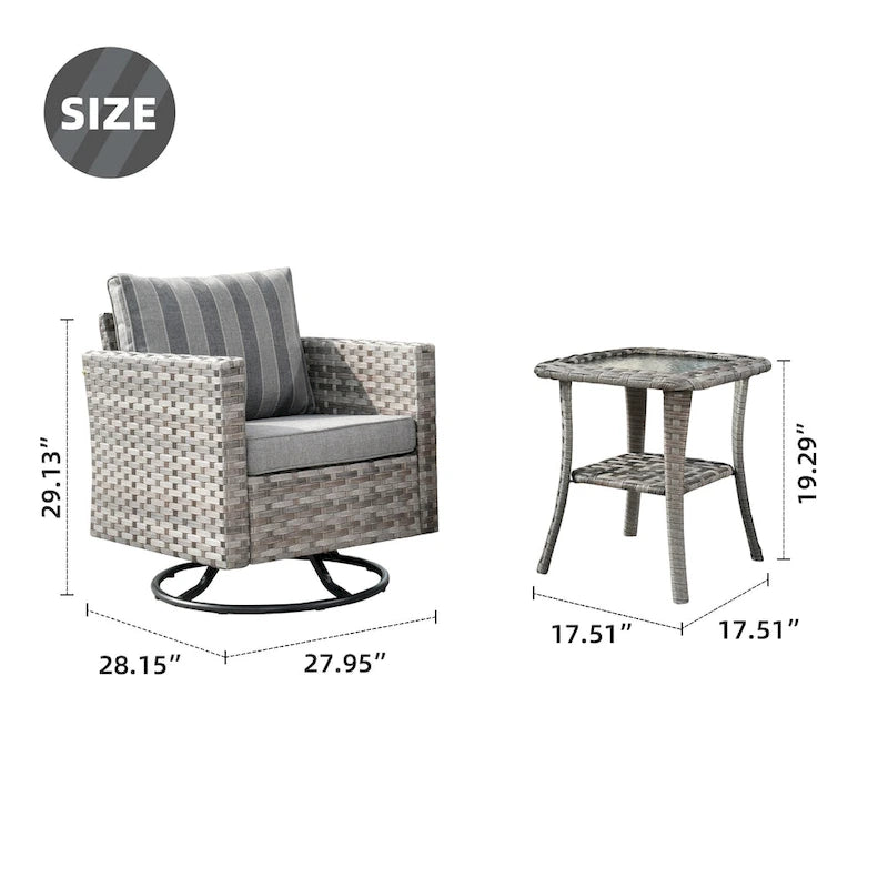 Set da 3 pezzi con sedia a dondolo girevole in vimini e tavolino OVIOS Patio