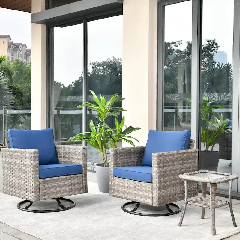 Set da 3 pezzi con sedia a dondolo girevole in vimini e tavolino OVIOS Patio