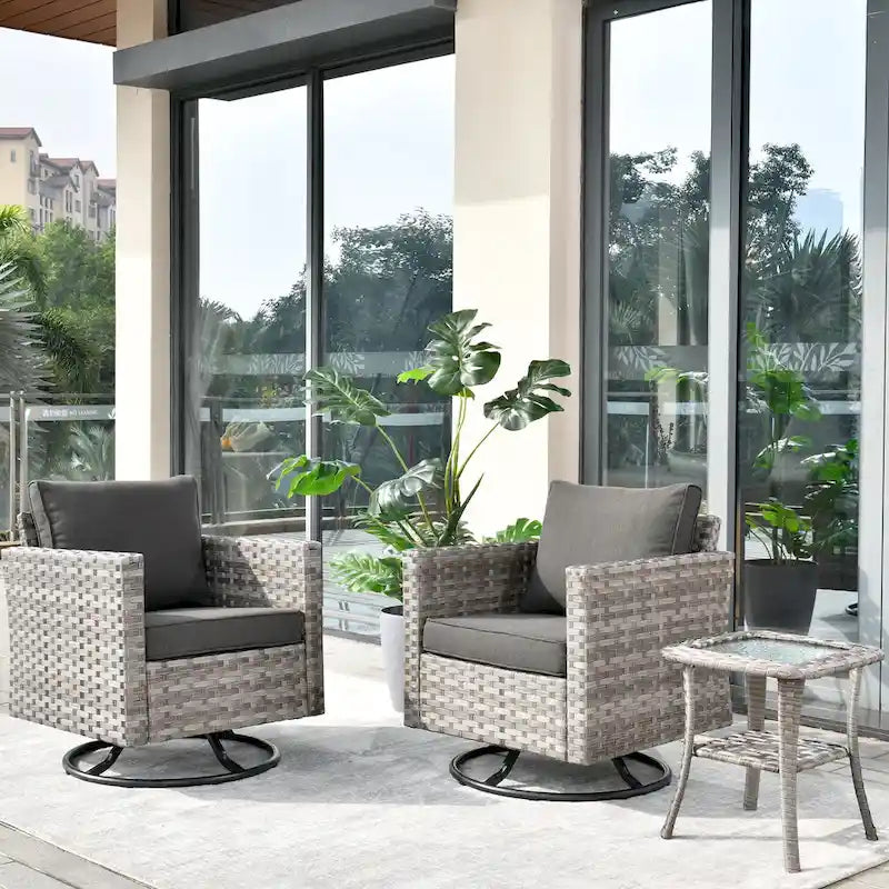 Set da 3 pezzi con sedia a dondolo girevole in vimini e tavolino OVIOS Patio