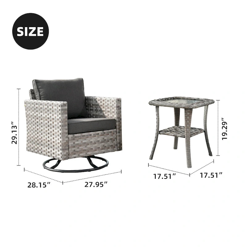 Set da 3 pezzi con sedia a dondolo girevole in vimini e tavolino OVIOS Patio