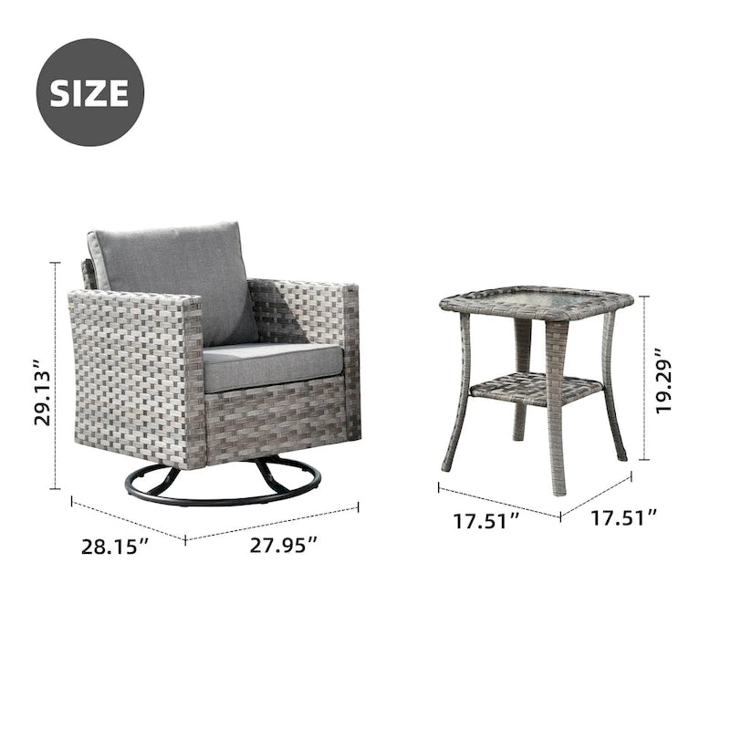 Set da 3 pezzi con sedia a dondolo girevole in vimini e tavolino OVIOS Patio