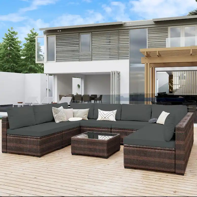Set da conversazione per patio in vimini imbottito UPHA da 9 pezzi