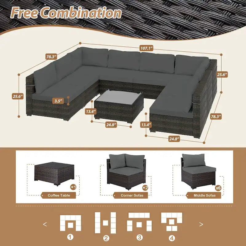 Set da conversazione per patio in vimini imbottito UPHA da 9 pezzi