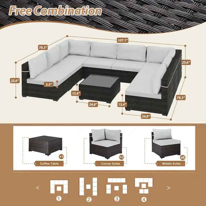 Set da conversazione per patio in vimini imbottito UPHA da 9 pezzi
