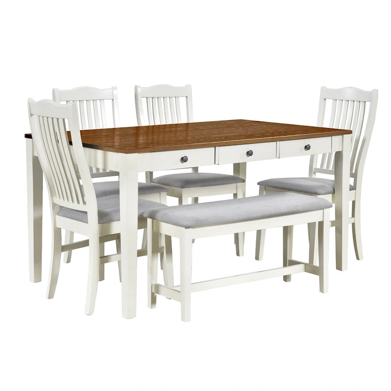 Set da pranzo di 6 pezzi in legno con 4 sedie e panca, tavolo con cassetto