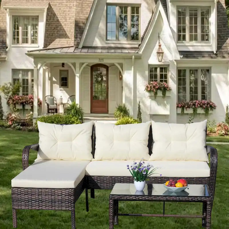 3 piece Conversation set wicker Ratten Sectional Sofa With Seat Cushions