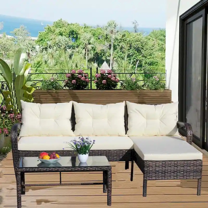 Set conversazione da 3 pezzi Divano componibile in rattan e vimini con cuscini per seduta