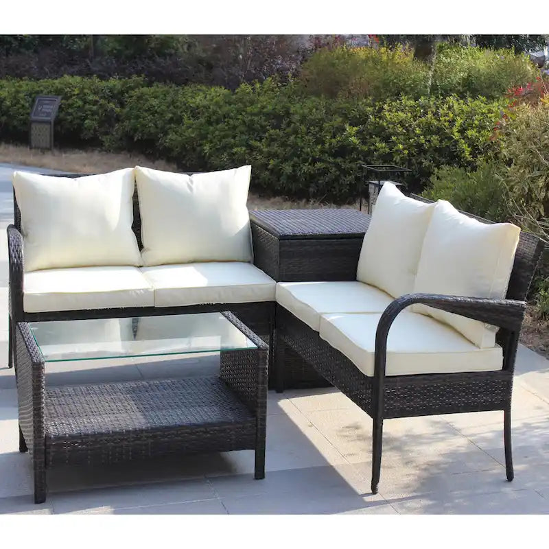 Set Divano Sezionale da Esterno a 4 Pezzi in Rattan Wicker con Contenitore Marrone