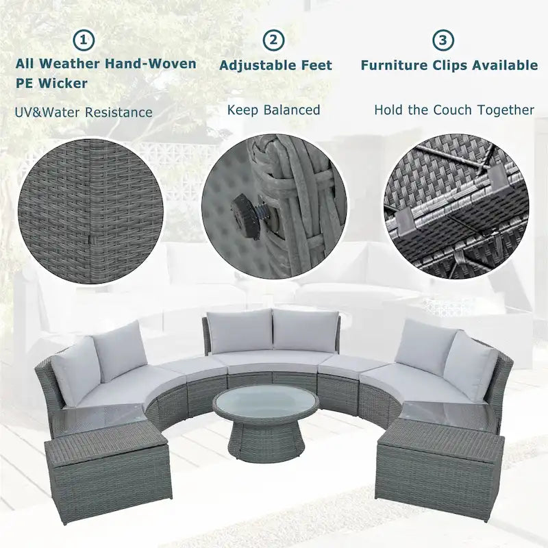 TOPMAX Set Divano da Esterno Sezionale Semicircolare a 10 Pezzi in Rattan per Patio