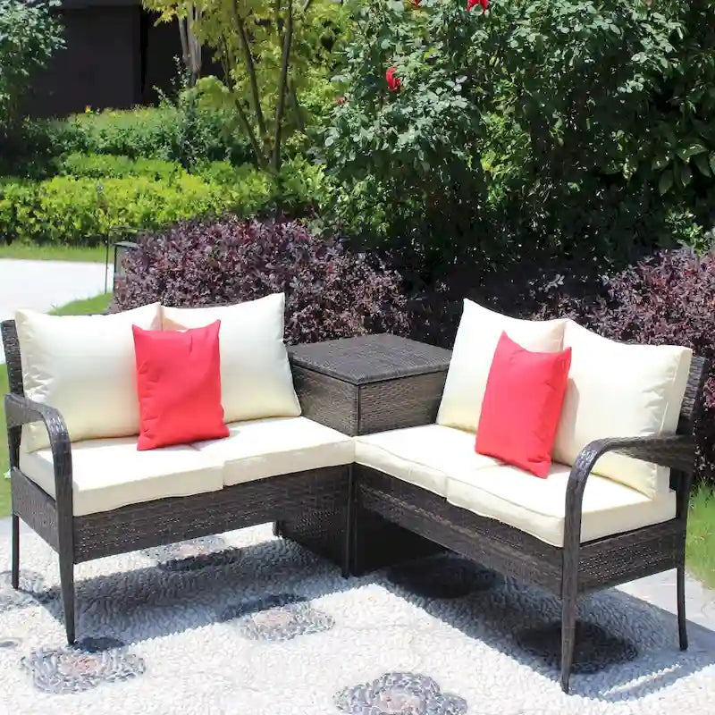 Set da divano componibile da esterni a 3 pezzi in vimini rattan con contenitore marrone