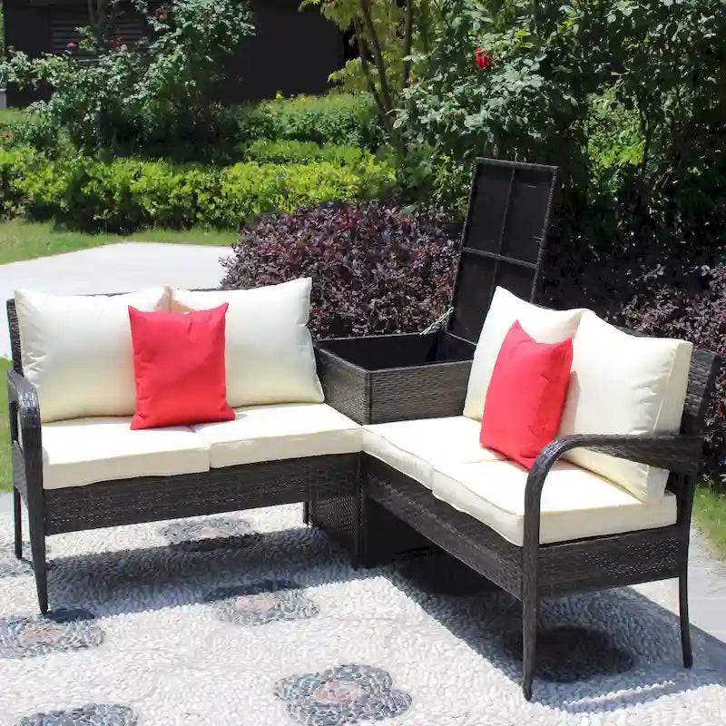 Set da divano componibile da esterni a 3 pezzi in vimini rattan con contenitore marrone