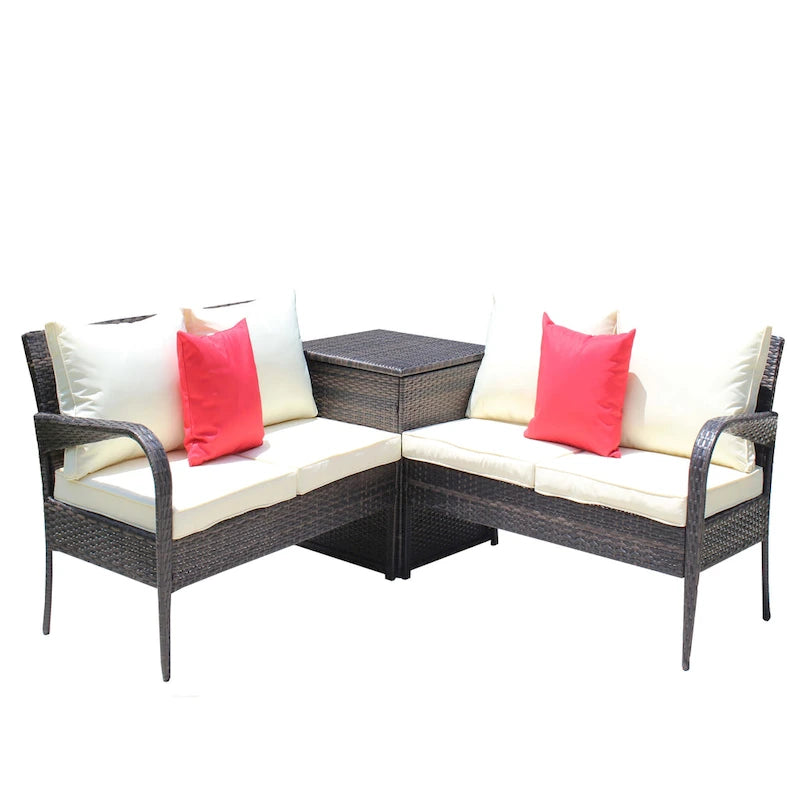 Set da divano componibile da esterni a 3 pezzi in vimini rattan con contenitore marrone