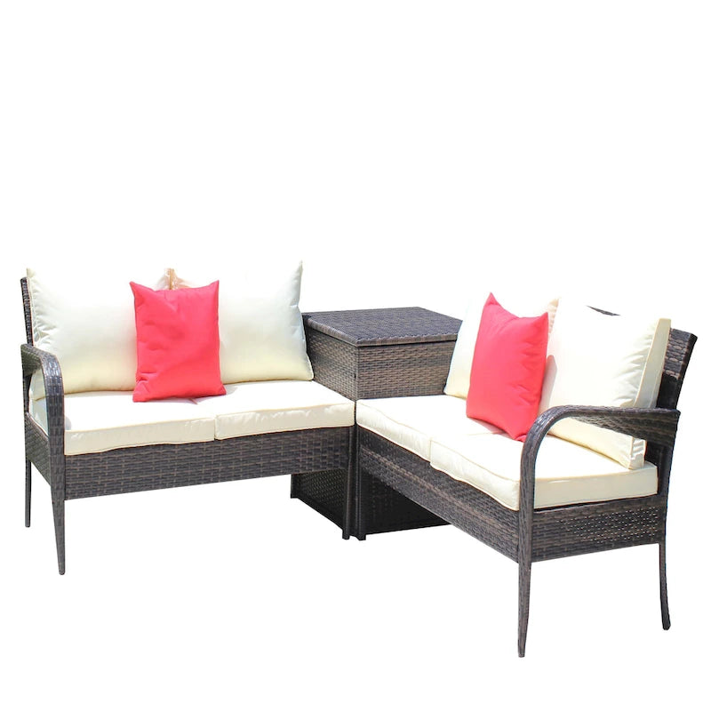 Set da divano componibile da esterni a 3 pezzi in vimini rattan con contenitore marrone