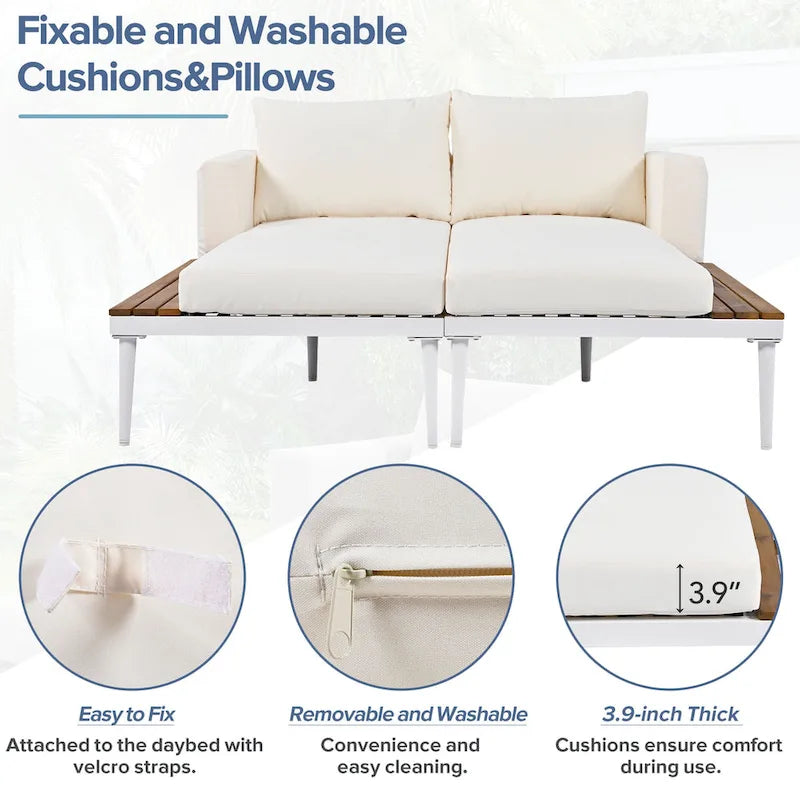 TOPMAX Divano Letto Moderno da Patio in Metallo con Tavolini Laterali in Legno per Bevande