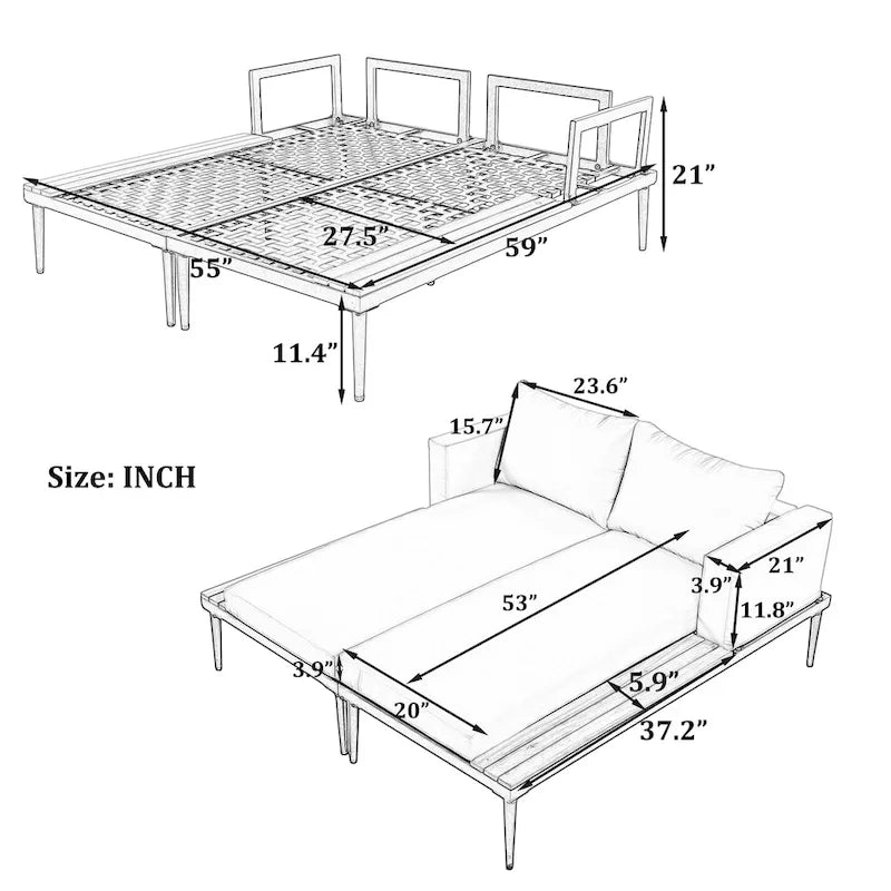 TOPMAX Divano Letto Moderno da Patio in Metallo con Tavolini Laterali in Legno per Bevande