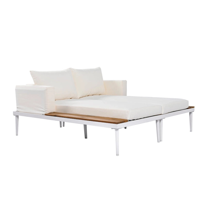 TOPMAX Divano Letto Moderno da Patio in Metallo con Tavolini Laterali in Legno per Bevande
