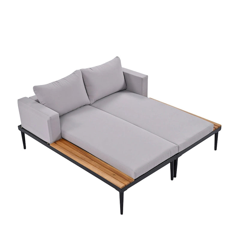 TOPMAX Divano Letto Moderno da Patio in Metallo con Tavolini Laterali in Legno per Bevande