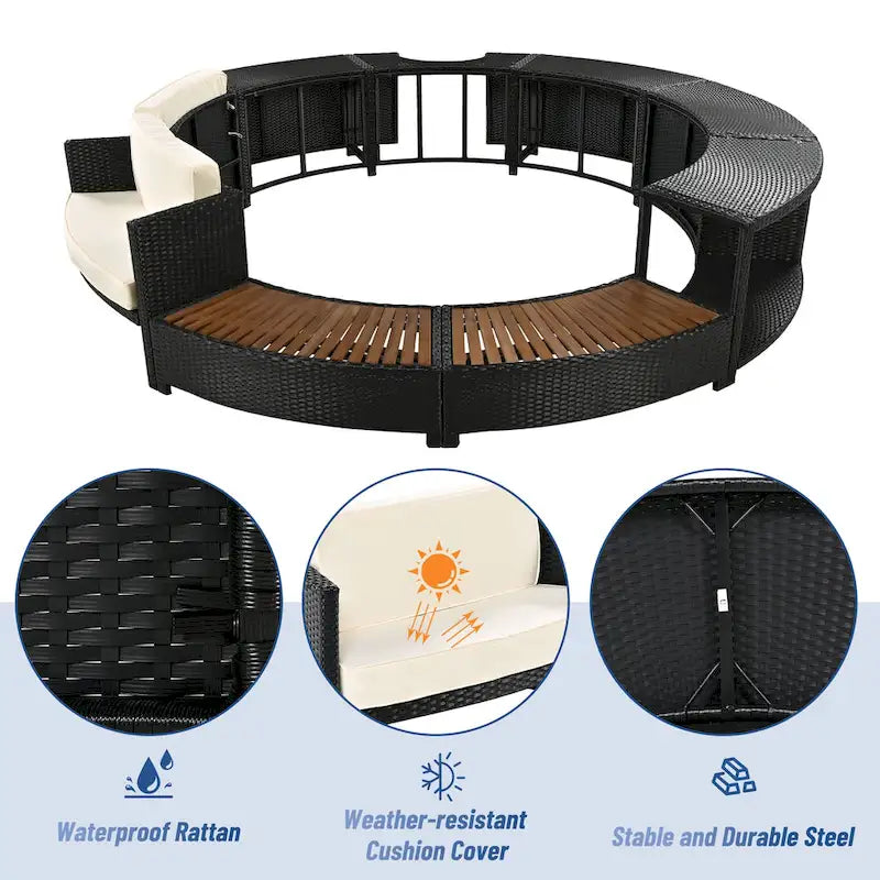 Divano in Rattan per Patio Spa Surround con Spazi Contenitori, Mini Divano e Comodi Cuscini per Patio, Giardino, Beige