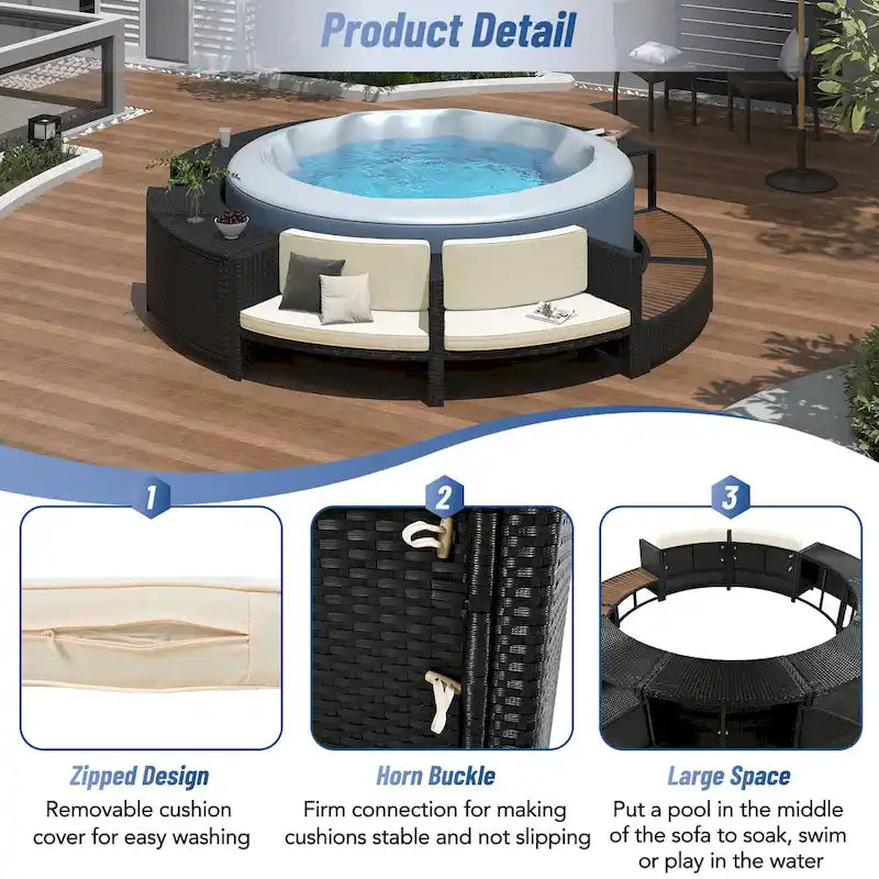 Divano in Rattan per Patio Spa Surround con Spazi Contenitori, Mini Divano e Comodi Cuscini per Patio, Giardino, Beige