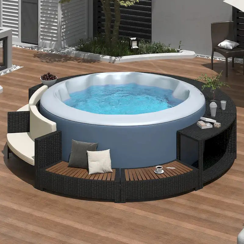 Divano in Rattan per Patio Spa Surround con Spazi Contenitori, Mini Divano e Comodi Cuscini per Patio, Giardino, Beige