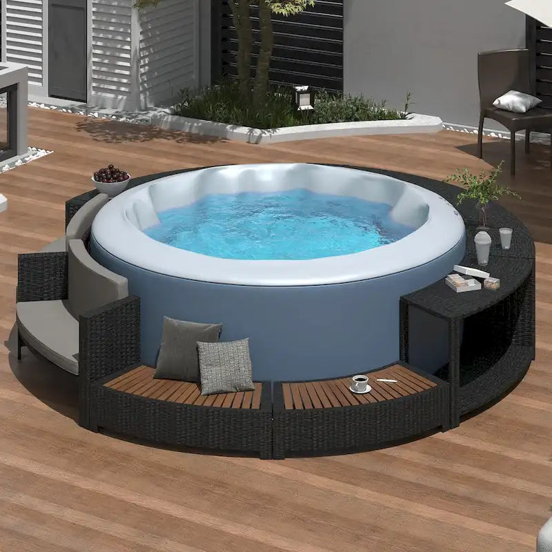 Divano in Rattan per Patio Spa Surround con Spazi Contenitori, Mini Divano e Comodi Cuscini per Patio, Giardino, Beige