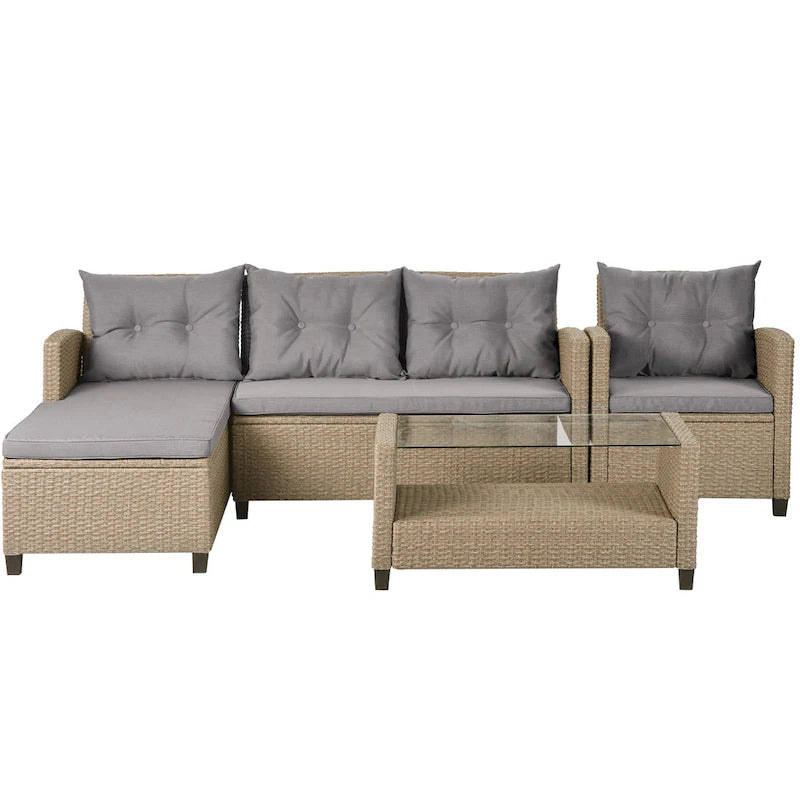 U_STYL4 Set da salotto a 4 pezzi, divano componibile in vimini e rattan con cuscini per sedili