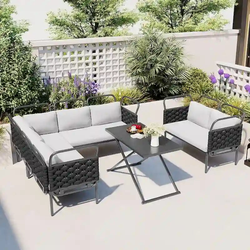 Set di mobili da esterno in corda intrecciata, divano sezionale moderno a 5 pezzi per patio con tavolo in vetro e cuscini