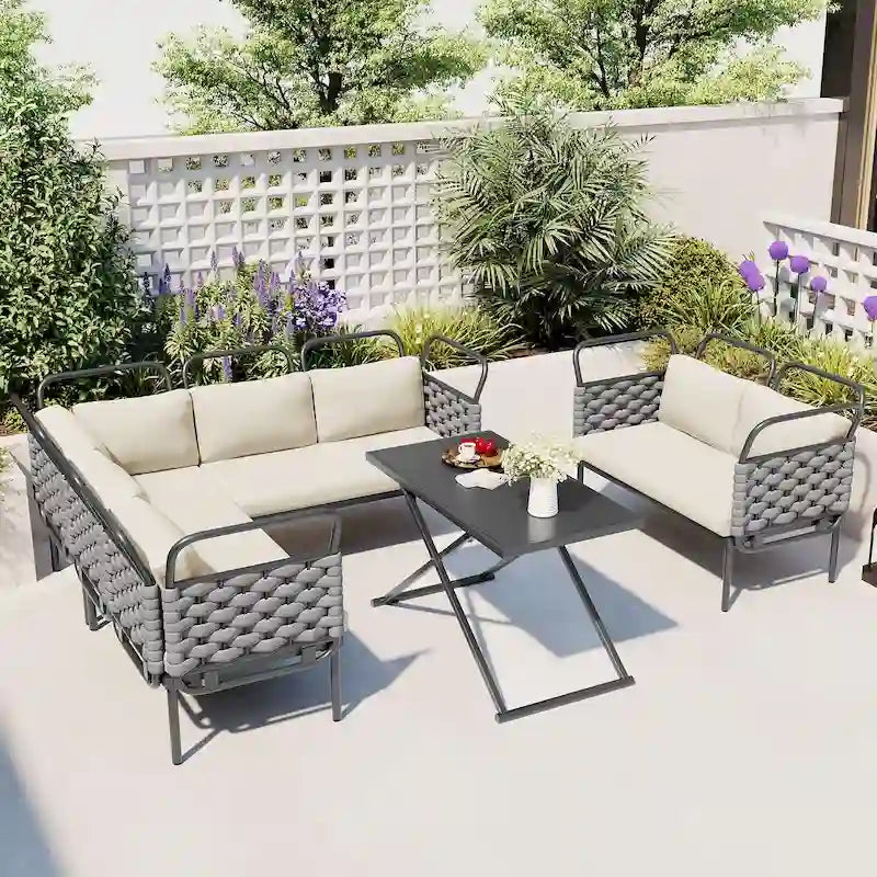 Set di mobili da esterno in corda intrecciata, divano sezionale moderno a 5 pezzi per patio con tavolo in vetro e cuscini