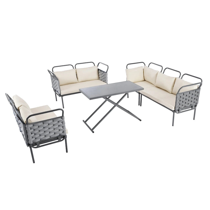 Set di mobili da esterno in corda intrecciata, divano sezionale moderno a 5 pezzi per patio con tavolo in vetro e cuscini