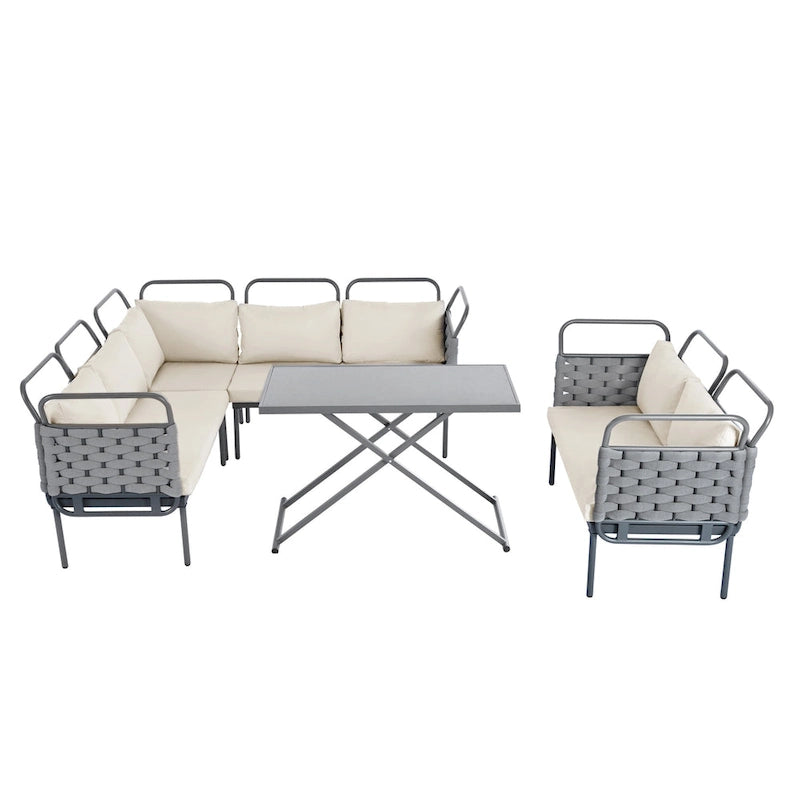 Set di mobili da esterno in corda intrecciata, divano sezionale moderno a 5 pezzi per patio con tavolo in vetro e cuscini