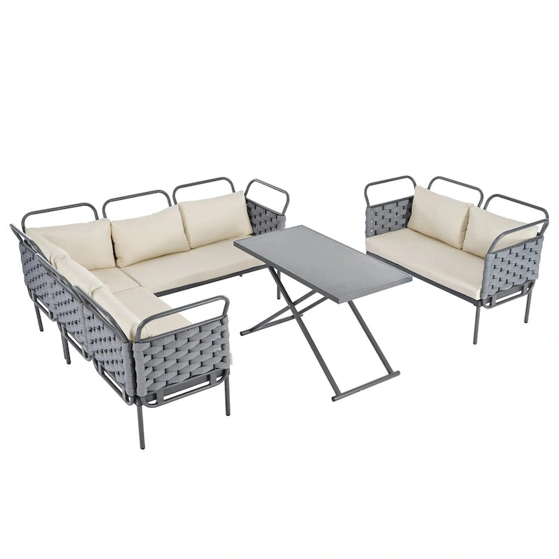 Set di mobili da esterno in corda intrecciata, divano sezionale moderno a 5 pezzi per patio con tavolo in vetro e cuscini